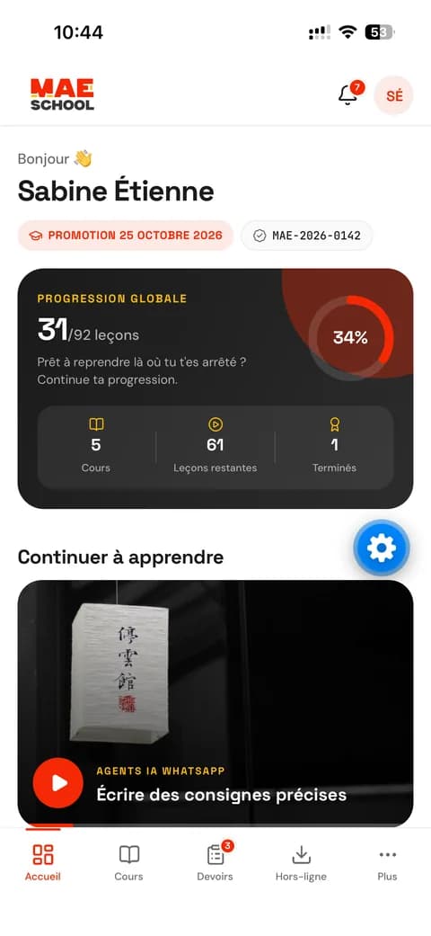 Application MAE SCHOOL — accueil étudiant